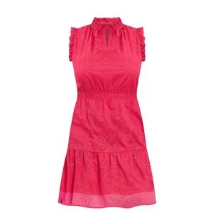 NWOT London Times Petite M Pink Ruffle Eyelet Dress Lined Frilly